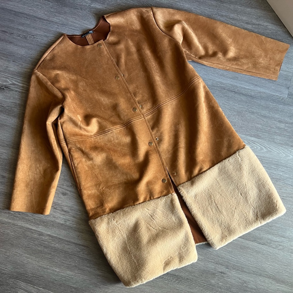 Zara Tan and Cream Teddy Jacket with Ribbed Cuffs